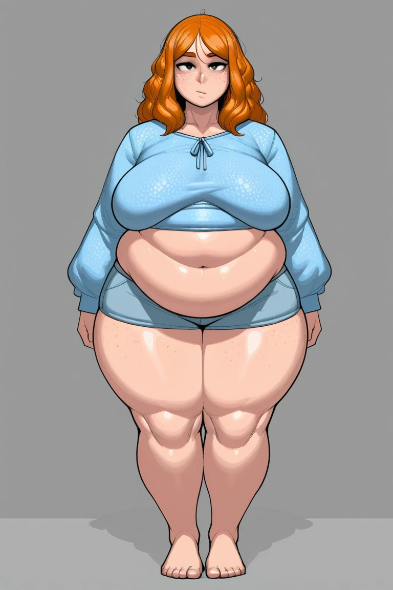 ((high aesthetic)), absurdres, absurd resolution, highly rated, highres, high resolution, best quality, masterpiece, full body, (facing viewer), standing, 1girl, ((solo)), indoors, clothed, perfect face, perfect eyes, neneneji, tight outfit, smile, natural skin texture, 4k textures, hdr, intricate, highly detailed, puffy lips, thick lips, hyperdetailed, mature female, inoue orihime, long hair, orange hair, brown eyes, thighhighs, shorts, sleeveless, hood, hoodie, pink hoodie, chubby, wide hips, massive thighs, large breasts, huge ass