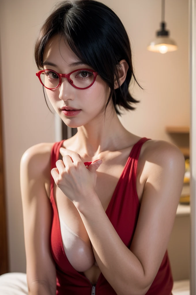(highres,masterpiece:1.2),ultra-detailed,realistic,professional,beautiful detailed eyes,beautiful detailed lips,dark hair,short black hair,red glasses,Very big breasts,stunning black eyes,clear skin,18-year-old girl,fashionable short hairstyle,vibrant red glasses,Shinobi Academy,fierce determination,confident posture,crimson outfit,intense gaze,background filled with ninjutsu techniques,shadows cleverly accentuating her features,subtle studio lighting,sublime realism,striking color tones