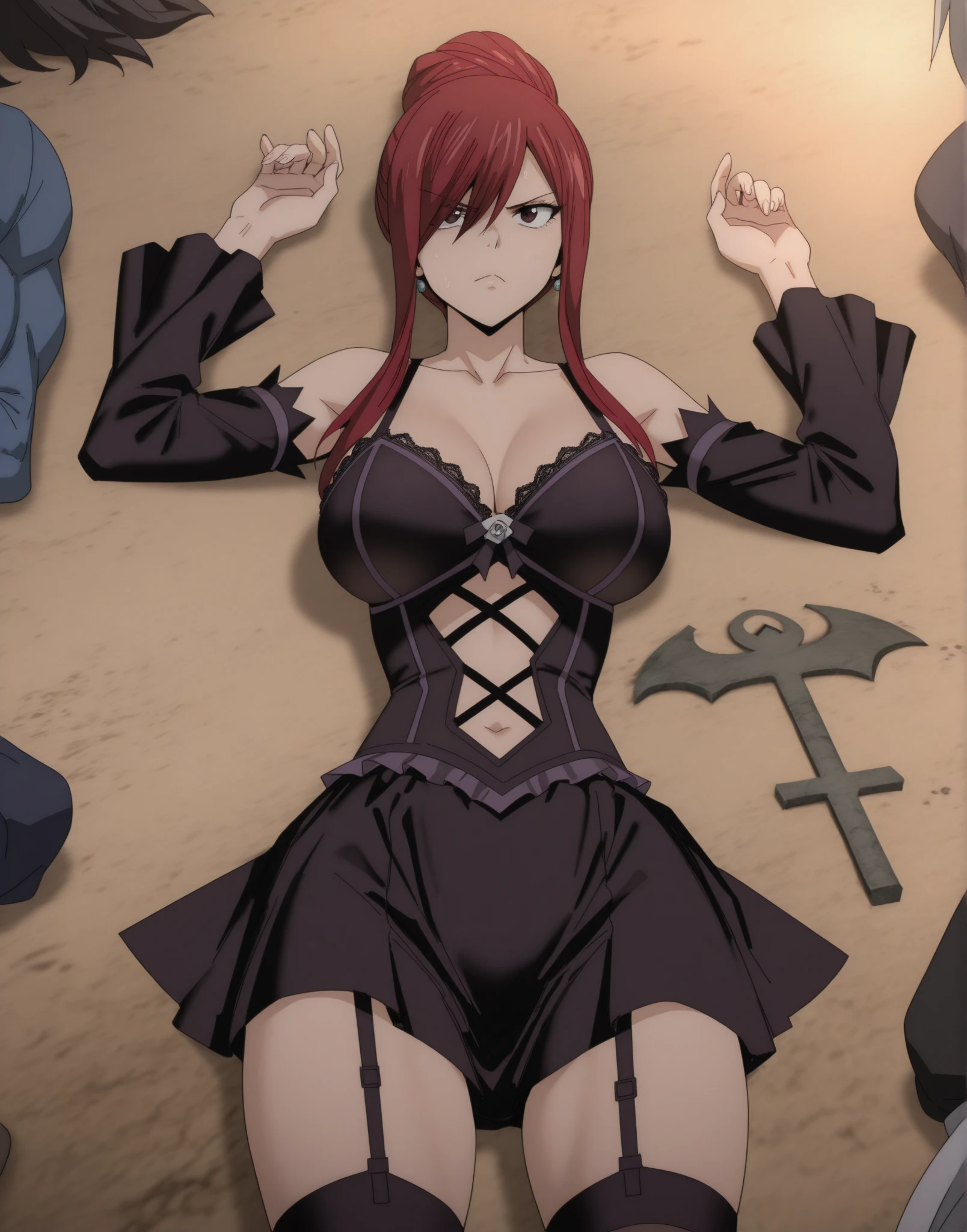 masterpiece, Highest quality,High resolution,Dorothy, Redhead,Red eyes, Have,dress,Braiding, black dress,One side of the dress is torn at the chest、Dust cloud、tits、Nipples fully visible、receive damage from an attack、anime、((Battle scene in the ruins))、blush、Line art、Pencil drawing