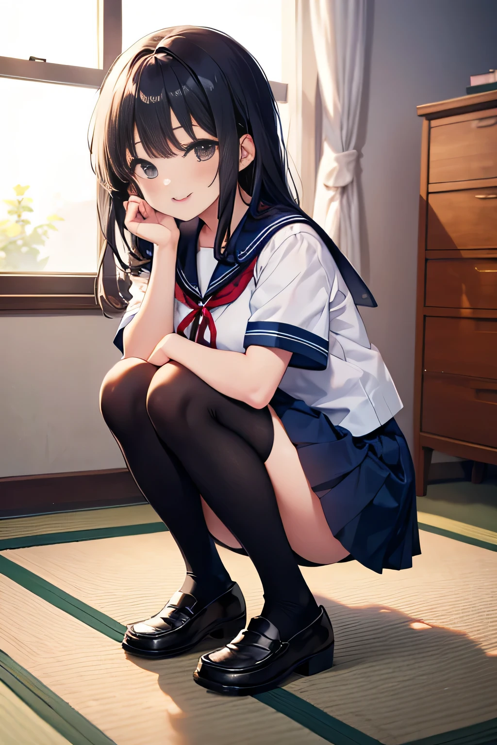 masutepiece, Black High Socks, School uniform, Cute, Very delicate eyes, Neat face, Sitting,Brown loafers, 8K