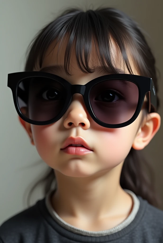 masterpiece, best quality, realistic, girl child hair BLONDE in bun and sunglasses, long hair, black fur coat, broad shoulders, small head, upper body, (white background: 1.3), mouth closed.