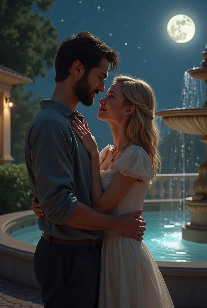 40 YEAR OLD blonde MAN AND PREGNANT brunette WIFE, FAMILY, LOVE, ROMANCE, ROMANTIC, FLOWERS, NIGHTTIME, MOONLIGHT, NATURE, ROSES, NATURE, 40 YEAR OLD blonde Man AND PREGNANT brunette WIFE, FAMILY, LOVE, ROMANCE, ROMANTIC, FLOWERS, NATURE, TREES, photorealistic, High resolution, ((perfect hand)), ((perfect face)), hair with many details, 8k artgerm bokeh, fanart best artstation, render photorealistic, guweiz-style art, inspired by WLOP, ig model | artgerm, detailed, stunning portrait of realistic face, beautiful, deviantart artstation cgscosiety, ((beautiful fall background))