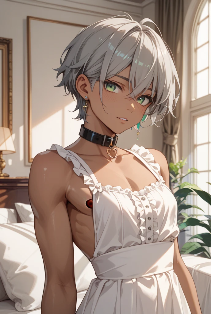 masterpiece, Highest quality, Perfect Face, Highest Resolution, Highest quality,Detailed depiction of the eyes, 8k, 1 girl, young, dark tan skin, slate gray hair, short hair, upturned eyes, Yellow Orange eyes, Perfect Anatomy, ribbon choker, Seaside house, bed room