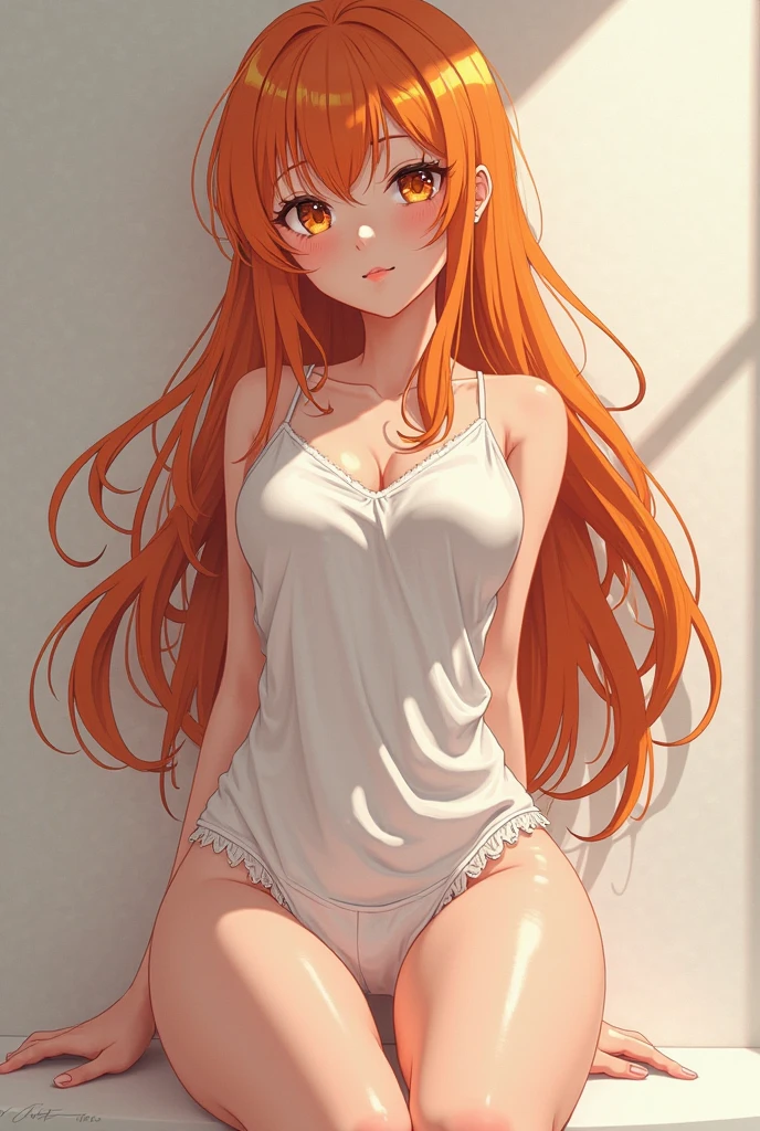 Upper body、oil、masterpiece、Highest quality、High resolution、orange long hair、orange long hair、coastal、Naughty look、White and grey stripes々Bra very、White and grey stripes々panties、Bend your legs、Woman's face、Hot Face、A slightly troubled look、Sweaty skin、blue sky、Pink Tank Top、Black mini skirt、(Leaning forward):1.2、On all fours、breasts necklace on