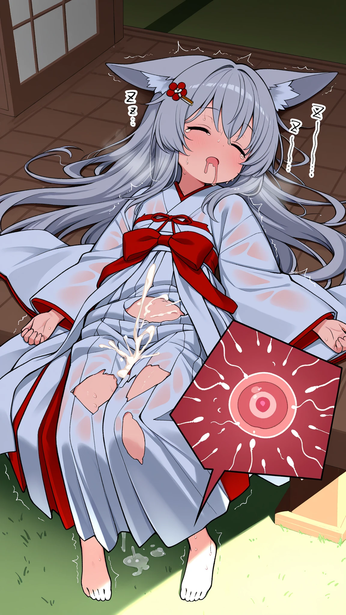 NSFW,Hololive,Shirakami Fubuki,Gray Hair,Fox ears,(High-quality Japanese clothing:1.5),(See-through:1.5),clavicle,Open clothes,(Perfect hands),(Perfect Anatomy),(masterpiece),(highest quality),Embarrassed,blush,(orgasm:1.5),(Ecstasy face:1.8),(Sweat:1.5),Open your mouth、Sticking out tongue,Lying down,Lying on your back,Leg spread,Feeling exhausted,Trembling,tatami,futon,(Happiness:1.5)