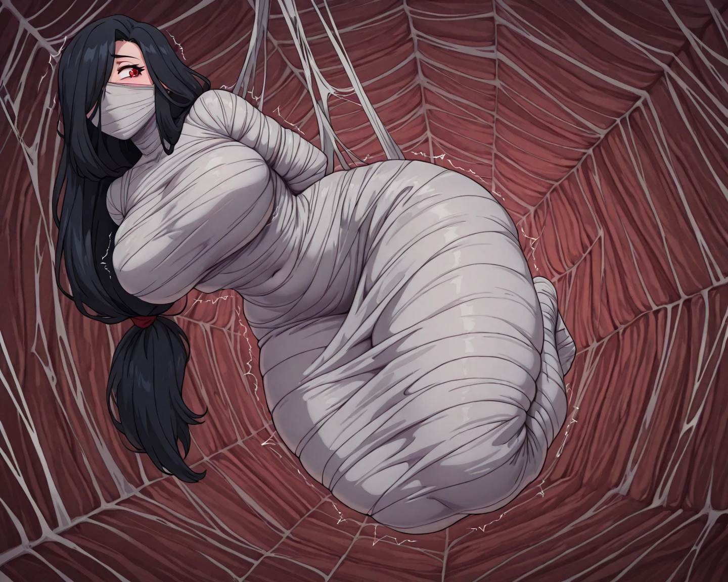 masterpiece, best quality, 1girl, solo, looking at viewer, hinata\(shippuden\), length hair, messy hair,hair detailed, large breasts , breasts out, (arms behind back:1.4), hanging,spiders in the web,long spider, Hinata, desperate,mouth gagged, silk gagged, struggle, entangled, scared face, crying, tears, despair,cocoon, blushing face, full body