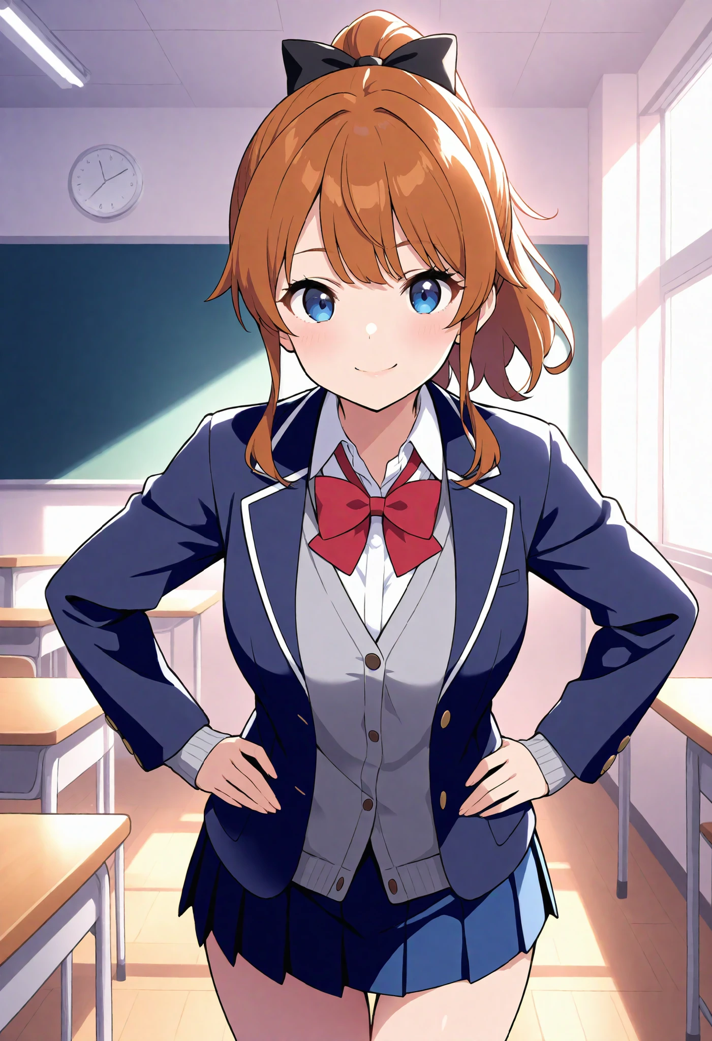 score_9, score_8_up, score_7_up, source_anime,
AkatsukiMinami,
1girl, closed mouth,glossy lips, smile,
brown hair, blue eyes, ponytail, hair bow, black bow,
MinamiSchool, school uniform, blazer, open jacket, collared shirt, grey cardigan, red bowtie, blue skirt,
standing, looking at viewer, thigh gap,indoors, classroom, large breast ,open mouth ,hands on hips