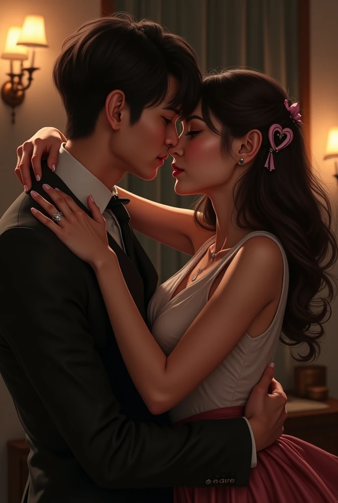 Amazing portrait of a sexy woman kissing and making out with a shirtless boy with her glossy red lips while wearing a sheer white shirt that reveals the red lacy lingerie that she's wearing underneath the shirt in a dimly lit room with one lamp giving off warm lighting