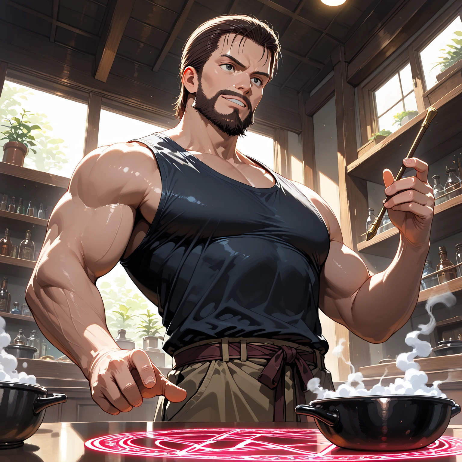 Anime art of a middle-aged man, around forty years old, muscular and shirtless, his unkempt beard covered in stray hairs and sweat droplets forming on his thick eyebrows, let out a burp with a boisterous laugh and followed it up with a series of belches, the aftermath of a hearty meal visible in chunks of food around his mouth, his unapologetic expression adding to the charm, the vibrant colors of the art depicting every detail in high resolution 4K, best quality, with a realistic rendering and sharp focus, every muscle fibre and pore visible in extreme detail description using physically-based rendering, the bokah effect in the background adding