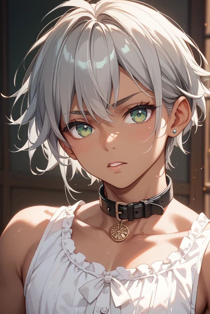 masterpiece, Highest quality, Perfect Face, Highest Resolution, Highest quality,Detailed depiction of the eyes, 1 girl, young, dark tan skin, slate gray hair, short hair, upturned eyes, Yellow Orange eyes, Perfect Anatomy, ribbon choker, bed room, 8k,