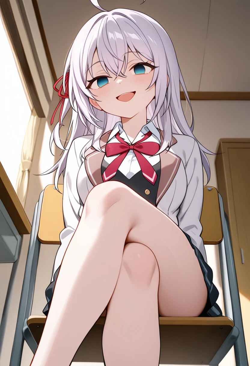 Super Detailed Game CG, (High resolution:1.1),(absurd:1.1), highest quality, 超High resolution, highest resolution, very detailed, (beautiful and detailed eyes:1.6), anime, 1 girl, litte girl, arisu, (light purple hair, gray hair, medium hair), Black beret, black hat, purple eyes, smile, closed mouth, (arisu School, school uniform, Red Blazer, red jacket, white dress , white skirt, pleated skirt, Blue bow tie, white stockings, garter strap, Absolute area:1.4), small breasts, (perfect hands, perfect anatomy), look at the audience, (white panties:1.3), (fully exposed panties:1.5), indoor, classroom, blush, laughter, School, Sit with both knees bent, In the school, As if looking up from below、(knees to chest)