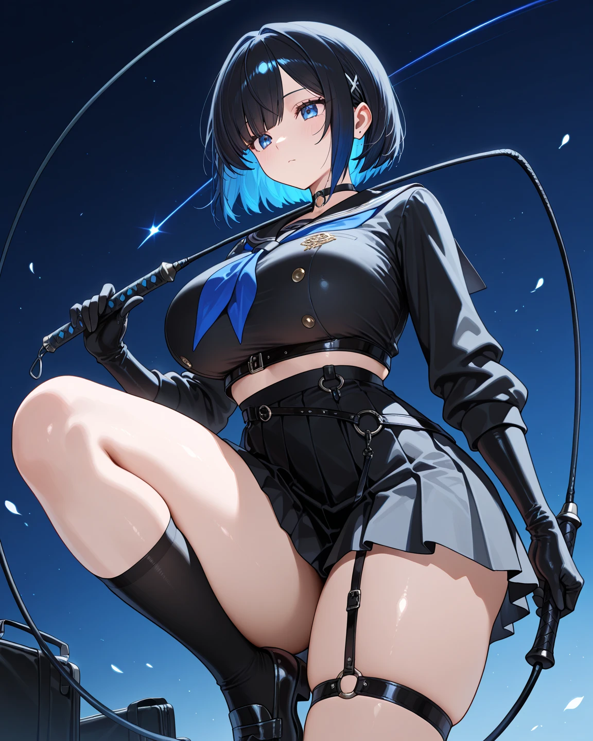 18-year-old,shiny navy hair,short hair,Parted bangs,Yellow Eyes,Large Breasts,Small waist,Big Ass, , See-through sailor suit,Navy blue mini skirt,Black underwear, ,Honor student