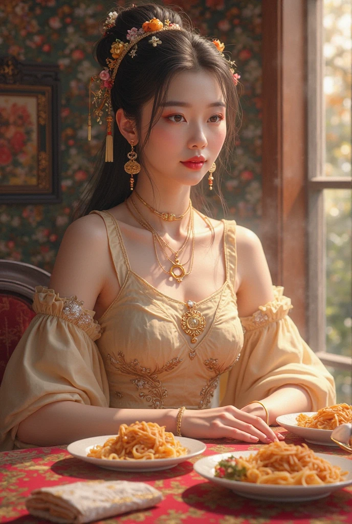 Korean woman dressed in a yellow Victorian dress with a beautiful neckline, braided hair and sophisticated jewelry