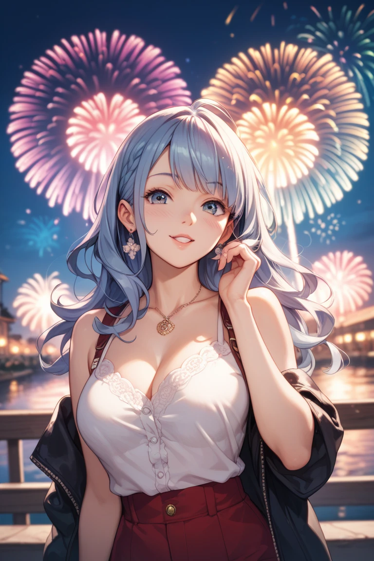 (Highest quality、masterpiece、Super detailed,8K),(Silver braided short bob),(yukata、Soft curves、Large Breasts、A fascinating body)、Summer festivities,stall,Detailed Background、night、night景、(Colorful lights),(Eat chocolate banana),(happy Smile)、firework