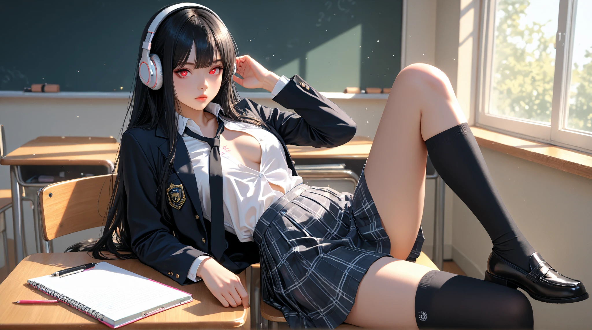 Black-haired high school girl wearing a plaid skirt、Longhaire、Black knee-high socks、book library、pussy juice、Visible nipples、、red blush、Teary-eyed、masturbation,Open the vagina,Open your crotch、no panties,no bra,pussy juice,pussy,vagina,orgasm,Sitting in your seat、headphones