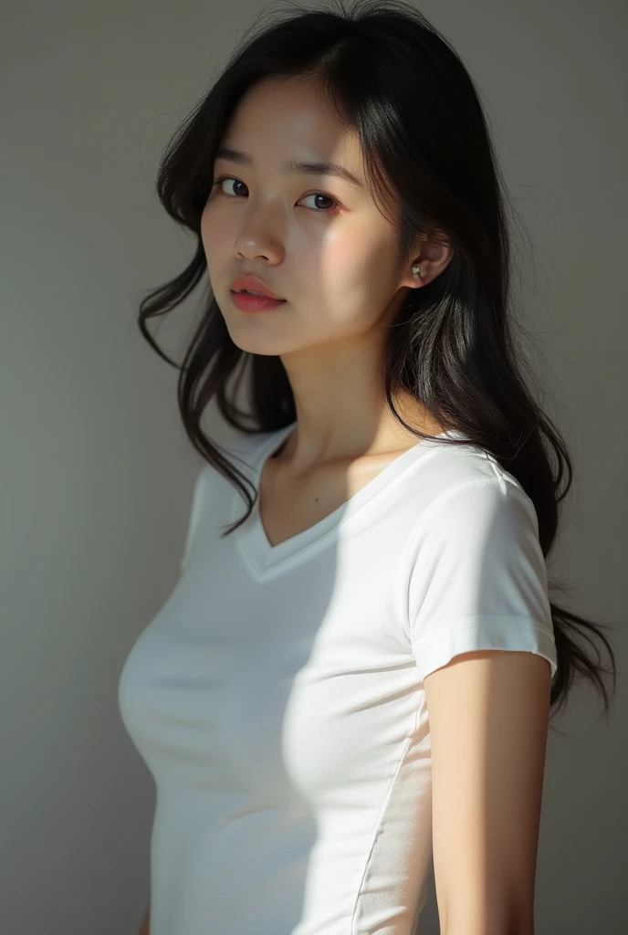 Highest quality、masterpiece、Ultra-high resolution、(Realism:1.4)、 1 person、In a pale background、Deep Shadow、Low Key、Shortcuts、Upper Body、sex appeal、Wearing a thick T-shirt、Cosmetic CM