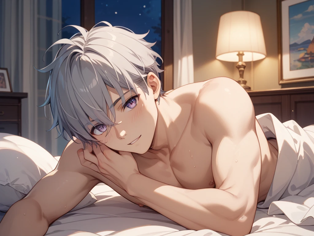 aldult.,male,good looking,30th Generation,Cool vibe,I,Silver-haired,mash,Upper Body,naked,Close up of,Excited,Wicked Smile,Yandere atmosphere,Light,Hotel room bed、