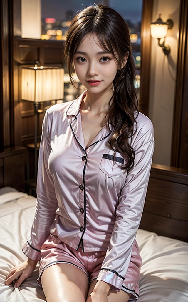 top Quority，Ultra-clear resolution,  ((Beautiful Chinese aunt).   Body.   Sexy.   Slim.   Thin.   Captivating.   Make-up face.   Ombre lipstick.   Messy Bun.   (Earrings-Earrings).

((Micro panties)),   ((breasted button-up. pajama sleep shirt)),    long legs_full body.    Pose.erotic.    sit down.     On bed