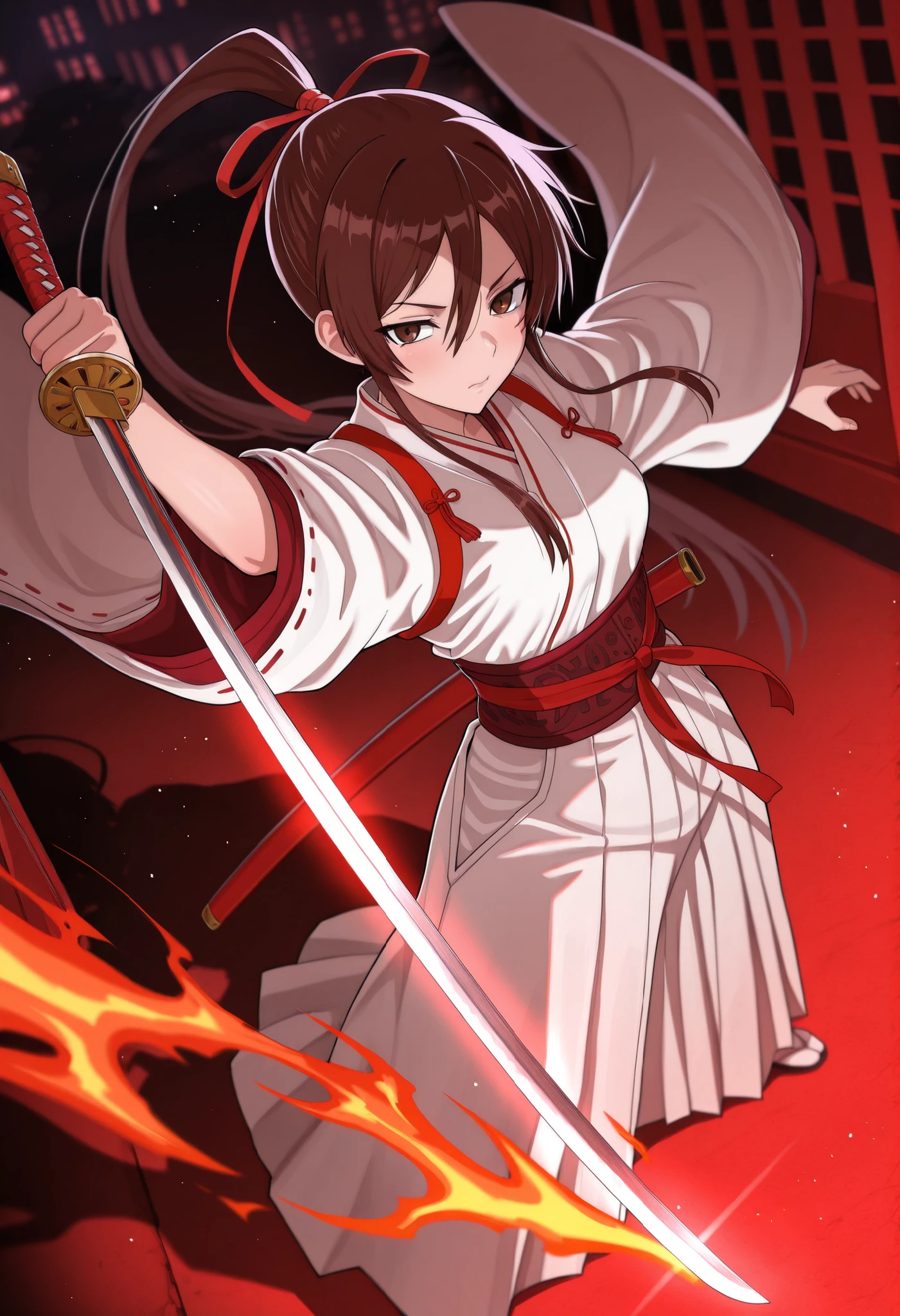 gokuto_style, masterpiece, sharp detail, intricate detail, 1girl, (Yamada Asaemon Sagiri), detailed eyes, sag1ri, long hair, brown hair, hair between eyes, sidelocks, high ponytail, hair ribbon, red ribbon, brown eyes, 
japanese clothes, white kimono, red sash, obi, wide sleeves, white hakama, hakama skirt, 
holding katana, red katana, katana on fire, dynamic fight pose, Japanese city background, perfect katana, 
perfect face,
red theme, BREAK (dramatic angle, dynamic angle), high-key lighting, light rays, hard lighting, light and shadow contrast, high contrast, mysterious, eerie, BREAK chiaroscuro, volumetric lighting, dappled light, dramatic shadows, cinematic lighting, detailed background, <lora:V2_yakumo_alchemy:0.6> glowing light particles, light particles,<lora:illustriousXL_stabilizer_v1.72:0.3> <lora:r-hrtdrp:0.3>