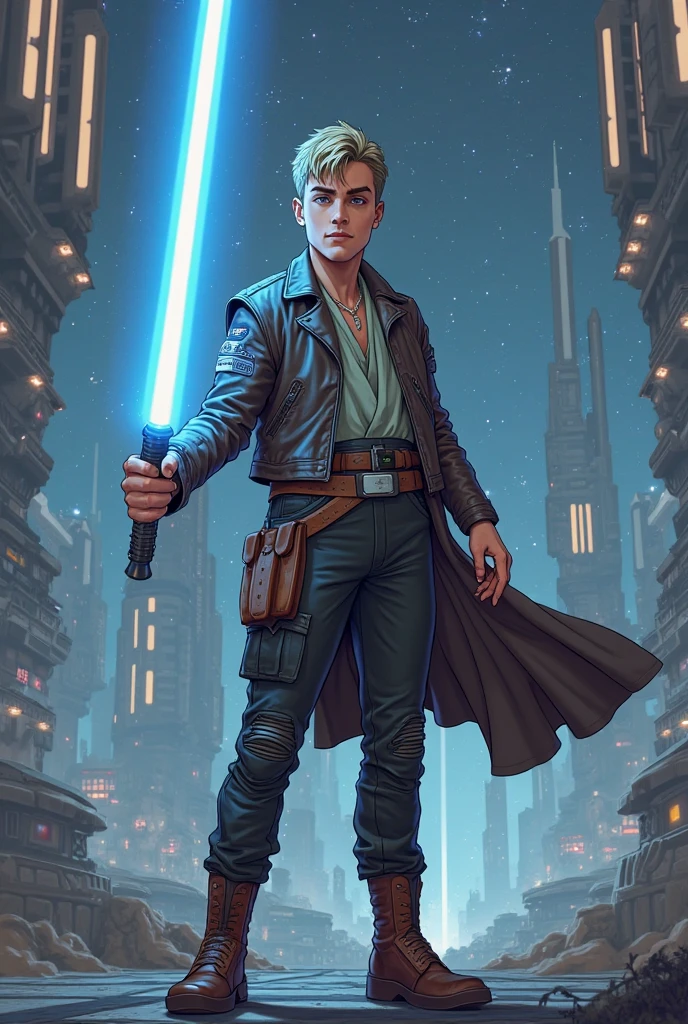 A very young blonde boy Star Wars’s Jedi Grandmaster with a light sabre in the style of Mark Demsteader --auto --s2