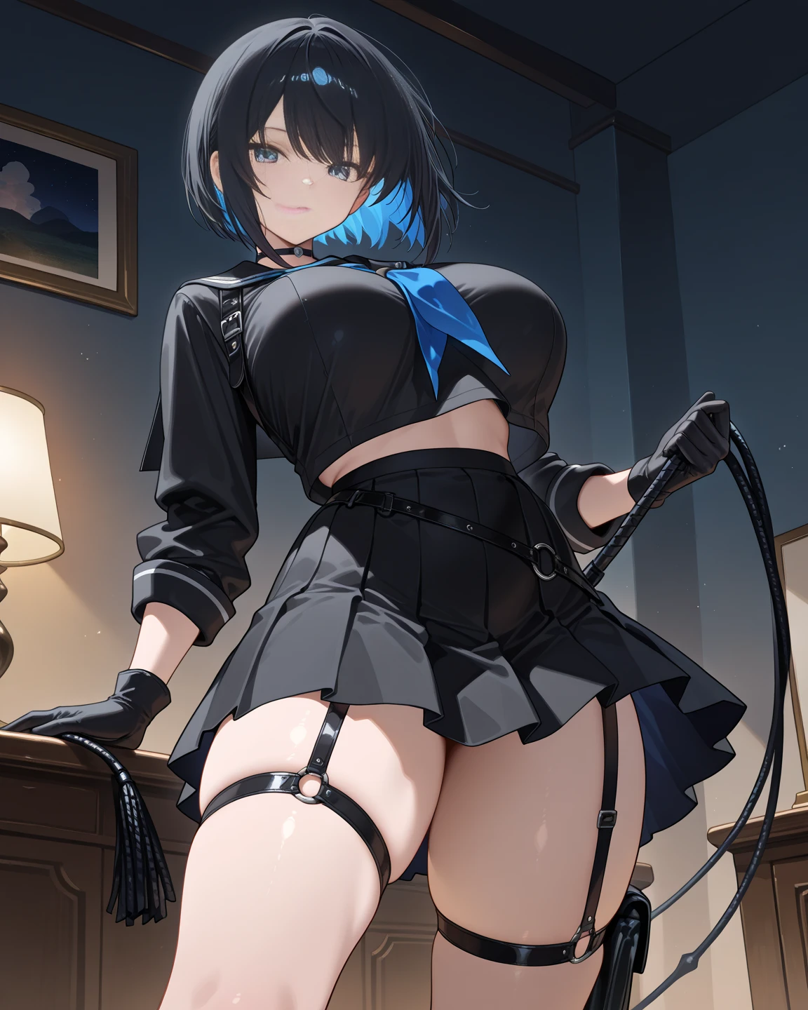 (Masterpiece, 8k, Best Quality, Highly detailed, depth of field:1.4), 1girl, black hair, black pantyhose, blue eyes, blue headwear, breasts, capelet, gloves, flinlock gun, hair between eyes, handgun, hat, hat feather, holding, holding gun, holding weapon, aiming at viewer, large breasts, long hair, looking at viewer, pantyhose, ponytail, revolver, shirt, skirt, solo, standing, thigh strap, weapon, white gloves, (skirt lift:0.8), panties, blush, seductive face, licking lips, sly smile, shy face, questionable, nsfw