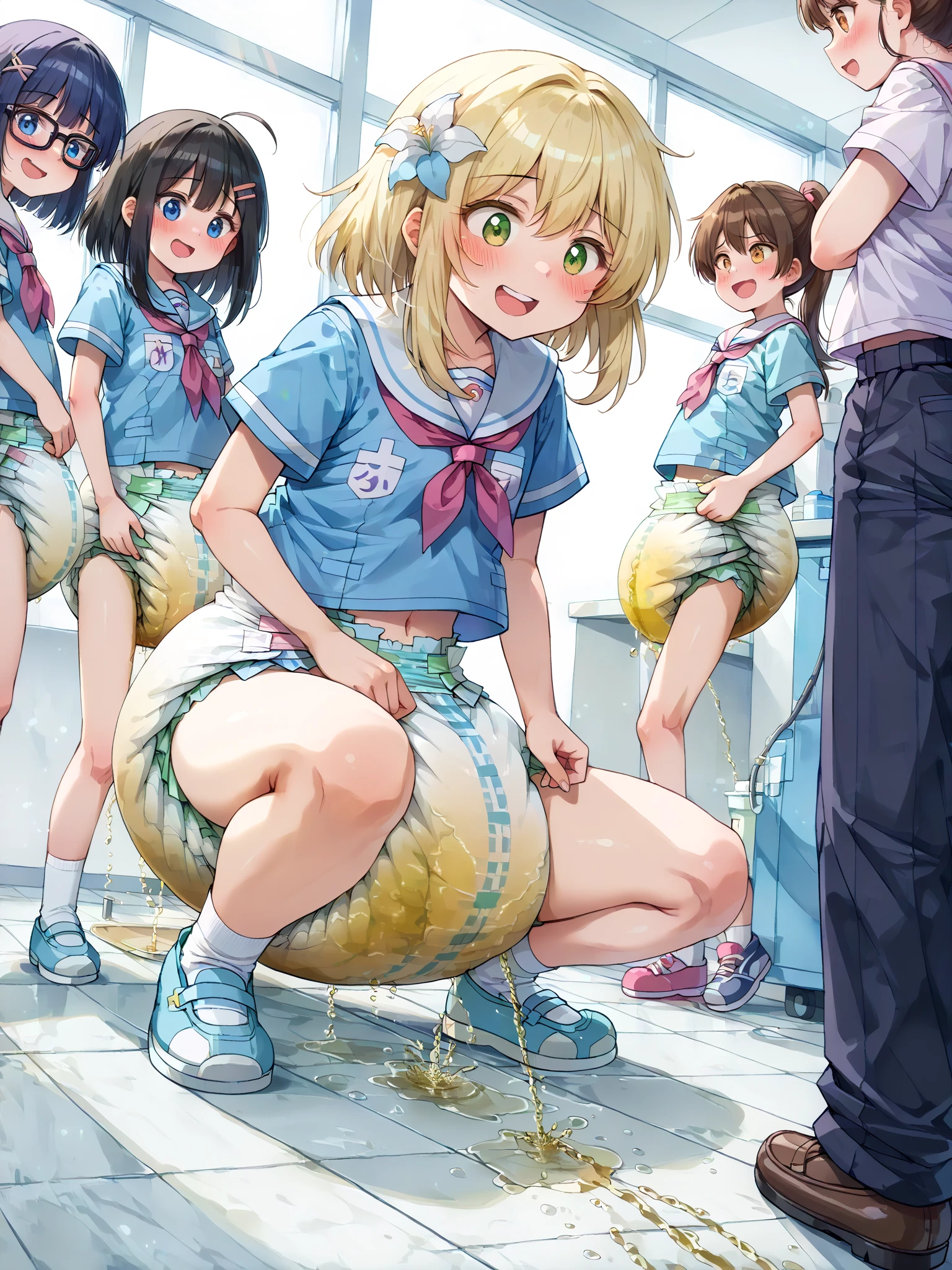 Shikimori-san, 1girl, Peeing self, Have to pee, Knees together, Anime, looking at camera, embarrassed, blush, pee stain, peeing, yellow pee, tears, crying, out of breath, sweating, long hair, tears running down face, no diaper, squatting