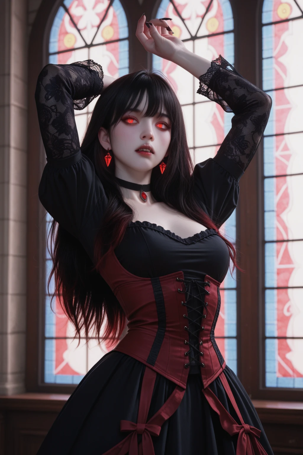 arafed woman in a black dress posing for a picture, beautiful vampire female queen, beautiful vampire queen, gothic maiden, beautiful female vampire, gothic maiden of the dark, female vampire, amouranth, gothic maiden anime girl, portrait of a lady vampire, vampire girl, vampire queen, carmilla vampire, dark vampire, beautiful elegant demon queen, portrait of beautiful vampire