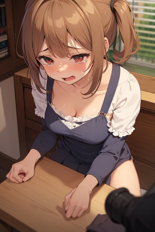 absurderes, (masutepiece, Best Quality, hight resolution, ultra-detailliert), Detailed face, Detailed eyes, Detailed skin, Hyper realistic, 1 girl,embarrassed,(blush:1.2),Tears ,(breast hold :1.3),close range,(pull shirts ,show off cleavage:1.3),From above,POV,Look at viewers,Room
