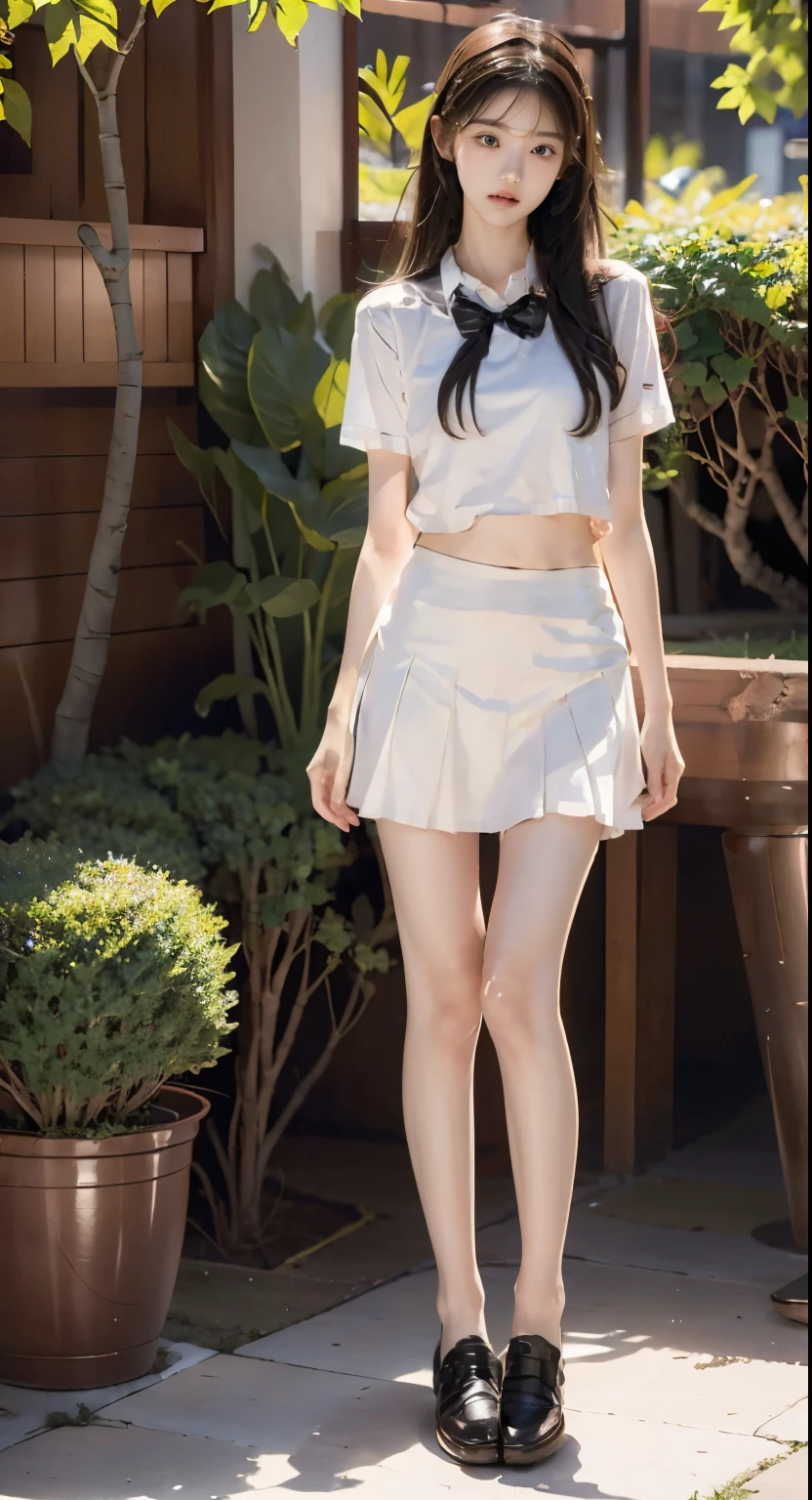 RAW, masterpiece, best quality, extremely detailed, 8k, HDR, photorealistic, intricate, A skinny Asian girl, she has an extremely slim body with narrow and small hips, long straight hair, wearing a short sleeves office shirt and white panties, smile, standing, outdoors