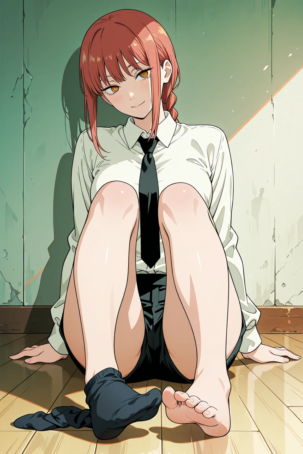 The character Makima from the anime series Chainsaw Man, fragile, full length (Full body 1.1.), dark background, darkness, Correct anatomy 1.1, holds his hands behind his back, correct hand anatomyVery sexy, erotica, very feminine, beautiful figure, legs, buttocks, Beautiful body, red hair, orange eyes, Red circles for schoolchildren, summer dress, sexy pose, realistic, very detailed, Beautiful body, detailed body, detailed hands, detailed, Vibrating, detailed Face, Makima character design. very detailed, detailed body, detailed hands, detailed Face, anime art, Hugh Details, Very downcast face, detailed eyes, Super thin illustration, best shadow, Fine detail, beautiful detailed glow, beautiful detailed, Extraordinarily beautiful, extremely detailed, inexpressive, epic composition, Anime style. anime art anime art, Anime style,