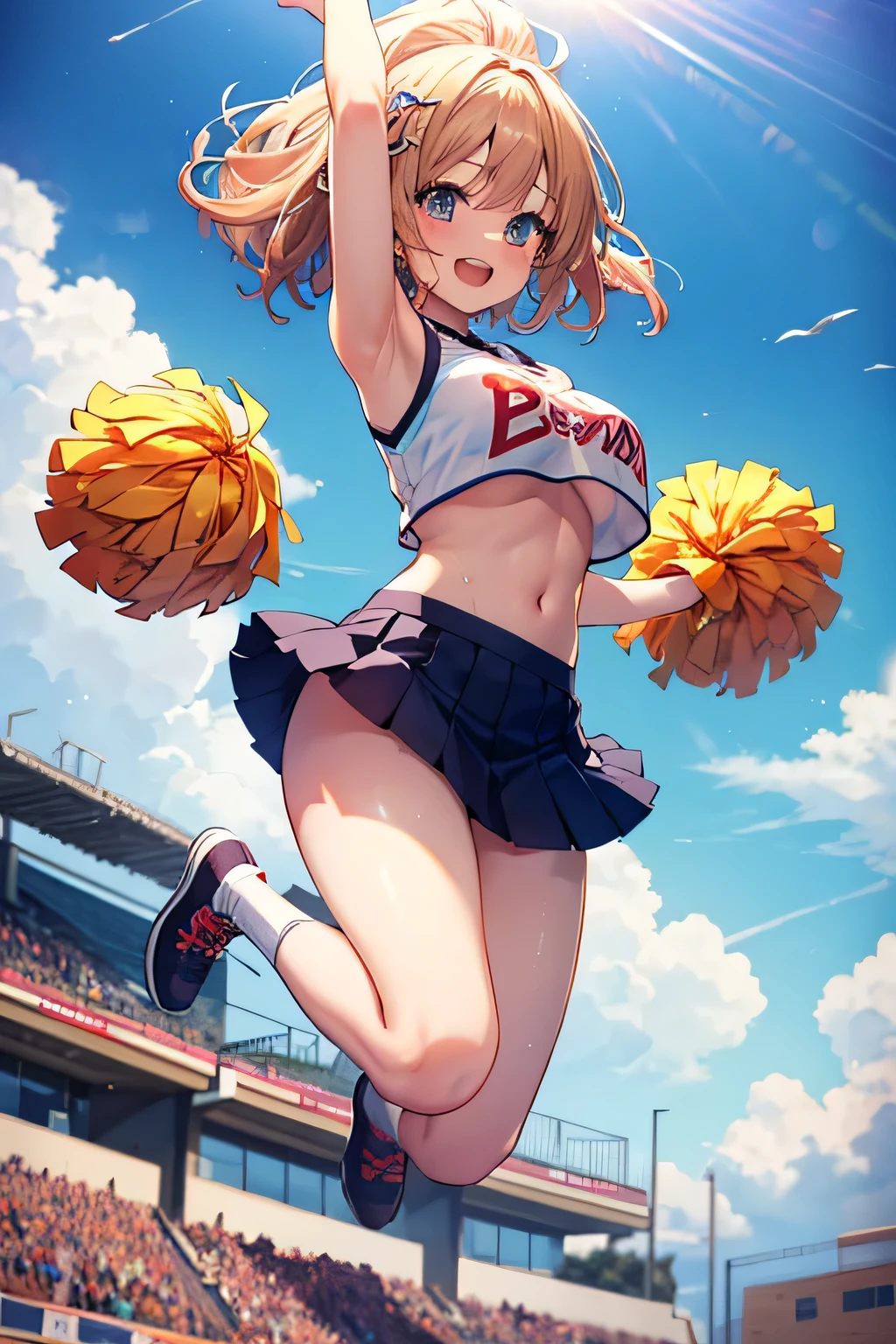 highest quality、High resolution、detailed background、cute teen girl、brown hair、bob cut、ponytail、(huge breasts:1.2)、perfect body line、big ass、vast sky、jump and fly in the sky、(Cheerleader、I&#39;We&#39;re rooting for you、sexy cheer costume)、White floral embroidered panties、White floral embroidered bra、emphasize the underboob、I can see the underboob、angle from below、
See here、open your mouth and smile、smile、healthy、healthyふともも、Healthy and beautiful、legs open、panty shot
