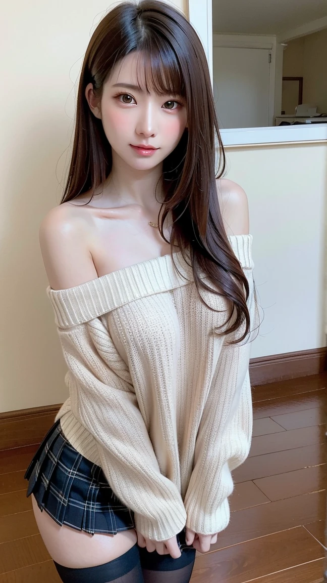 Mandy kay, sonriente, off-shoulder sweater, perfect dynamic, 25 years old, sexy.