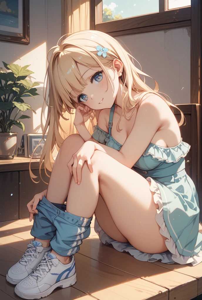 In 8K、highest quality、masterpiece、Ultra-detailed、Ultra-high resolution、((1 person))、With a girl、uniform、ponytail、Blonde、Braided hair、compensate、Checked mini skirt、Home、Sitting on the floor、White panties、(barefoot)