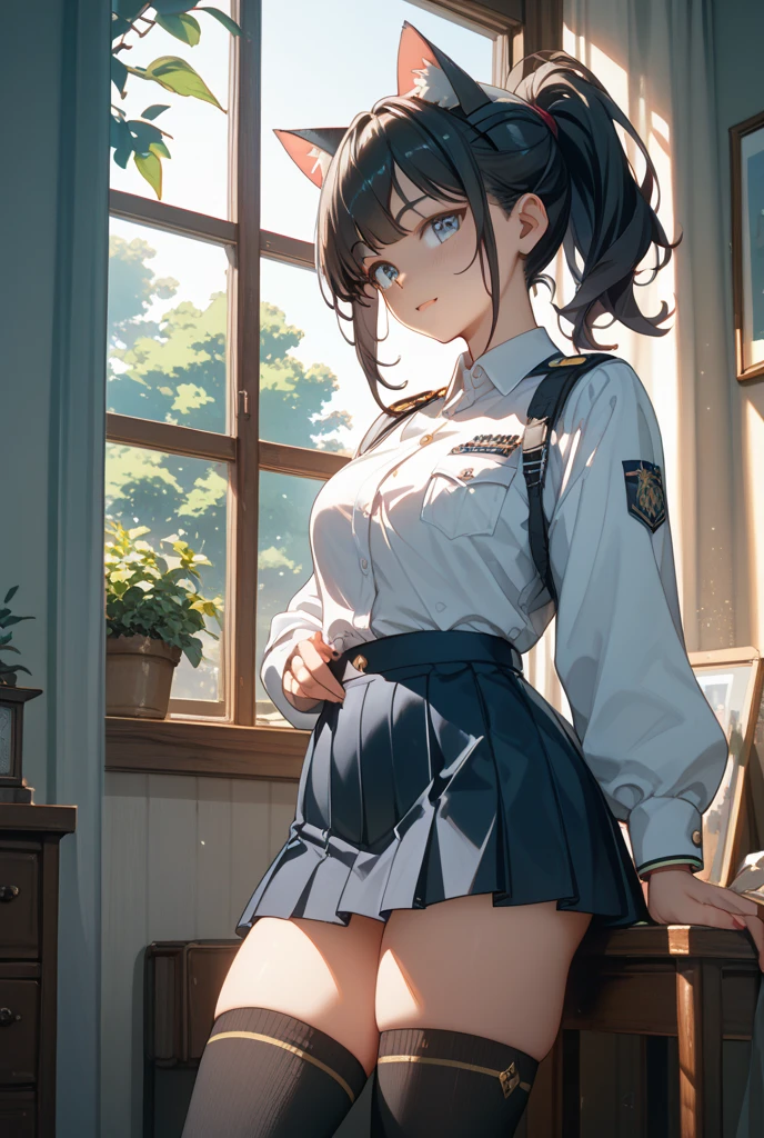 masterpiece, top-quality, The best illustrations, nffsw, beautiful detail, intricate detailes, Detailed landscapes, Dramatic light, Erotic look,Best Shadows, 1girl in, 28 year old,(policewoman,Police hat),Slit skirt,((Knee-length skirt)),No Underwear,open one's legs,detailed skin textures,Gripping the your,Tyndall effect,(NSFW:1)