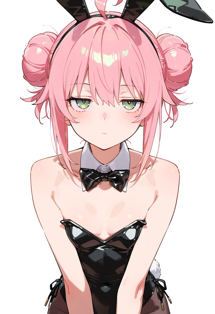 748cmstyle, masterpiece, best quality, amazing quality, anime screencap grinning, flushed, looking at viewer, ponytail, bun hair, ahoge, pink hair, green eyes, jitome, slim, bunny girl, white background