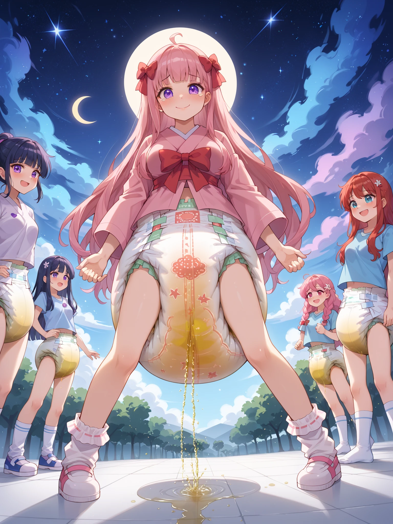 ( 4 diferent girls),4 Girls with pink hair, long double-tailed hairstyle, ((small bushy eyebrows)) walking to school, naked pussy, flirty smile, close up view from below on her crotch, mons pubis in the foreground, very close up to her mons pubis, hands on her tummy , bubbling semen on her pussy

