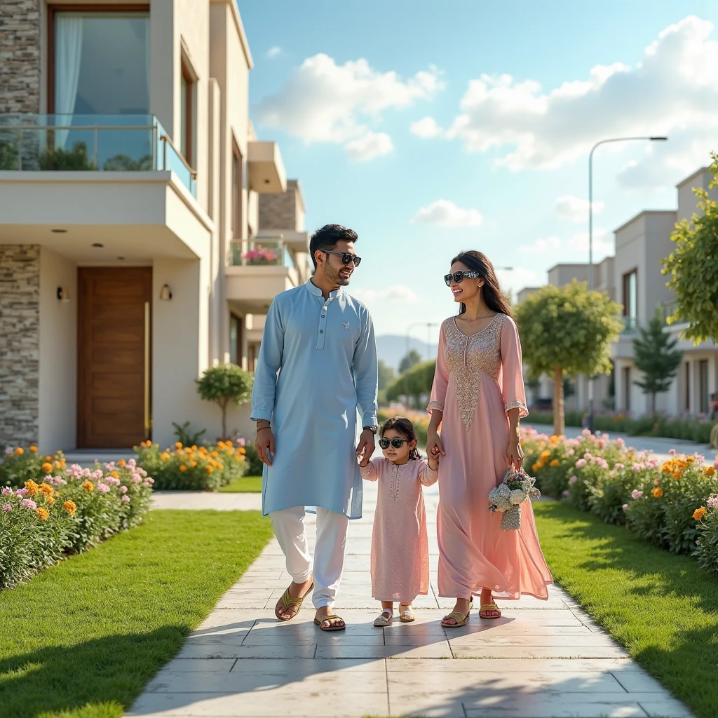 Happy father and mother walking holding their kids hand and the mom is muslim and they thinking of buying the dream house.