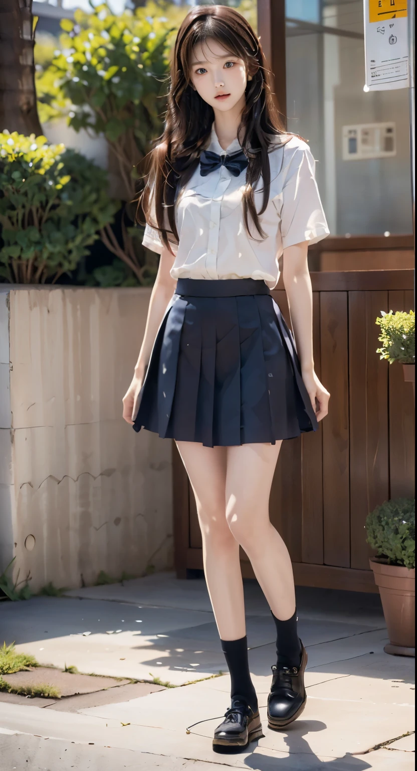 Beautiful young Indian girl, glasses, large anchor earrings, sweatshirt, pleated skirt, dark tights, sneakers, sunlight, sun on fabric, large neckline, hyperrealistic, 14 years old, model body, small breasts, beautiful breasts, large coatis , long hair, long legs, 8k,超High resolution , best quality, Oriental House RAW portrait, cherry blossom, sunrise, ambient lighting, detailed shadows, camera focus on thighs, Cute pose showing thighs