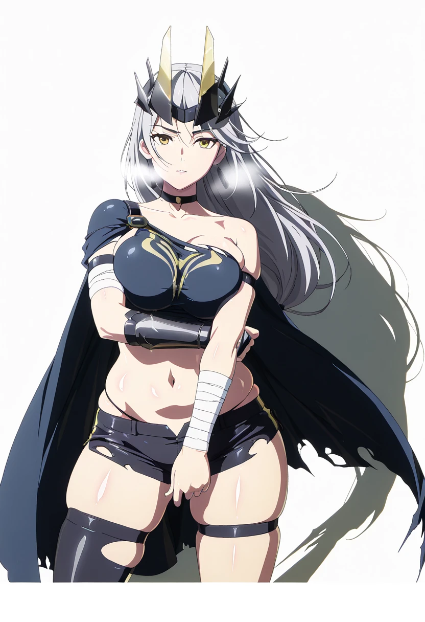 score_9, score_8_up, score_7_up, score_6_up, uncensored, Yor Briar, black hair, earrings, white hairband, hairband, long hair, sidelocks, red eyes, naughty face, shiny skin, sweating, steaming body, heavy breathing, BREAK (masterpiece:1.2), best quality, high resolution, unity 8k wallpaper, (illustration:0.8), (detailed eyes:1.3), extremely detailed face, perfect lighting, extremely detailed CG, (perfect hands, perfect anatomy), porn, 3d, 1girl, bandages, solo, bandaged_arm, choker, breasts, black_choker, collarbone, torn_clothes, navel, torn_shorts, looking_at_viewer,