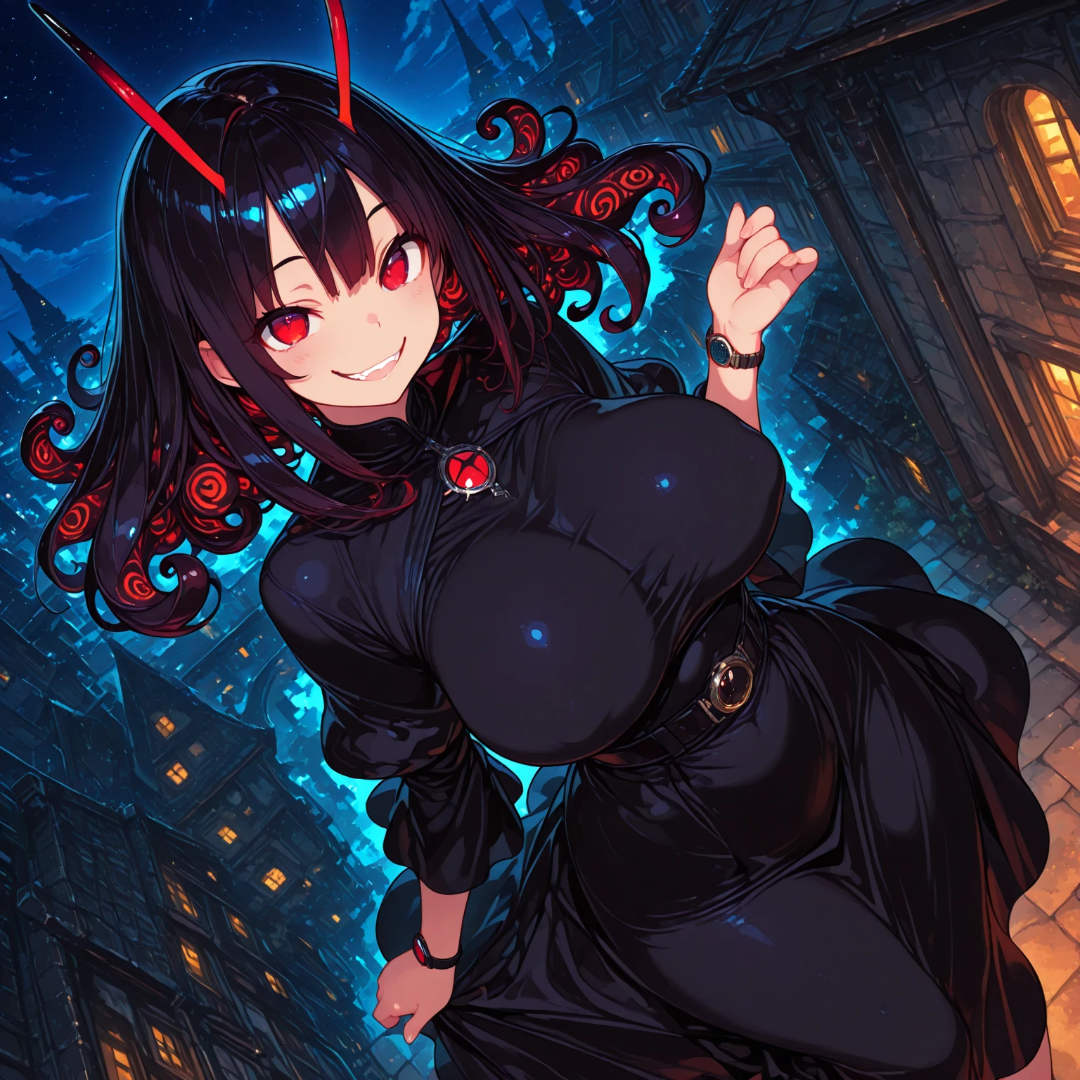 A Female Tiefling Bard with Black hair yellow eyes and brownish red skin (WITH HORNS)