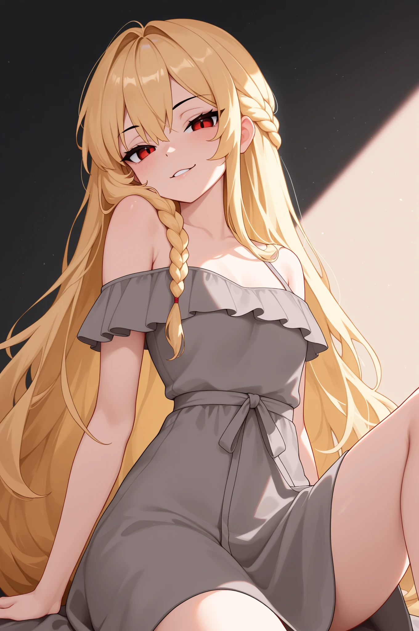 masterpiece, best quality, solo, 1 girl, psgpanty, black dress, blue eyes, long hair, blonde hair, hoop earrings, upper body, collarbone, little sleeveless black dress, parody, indoors, smile