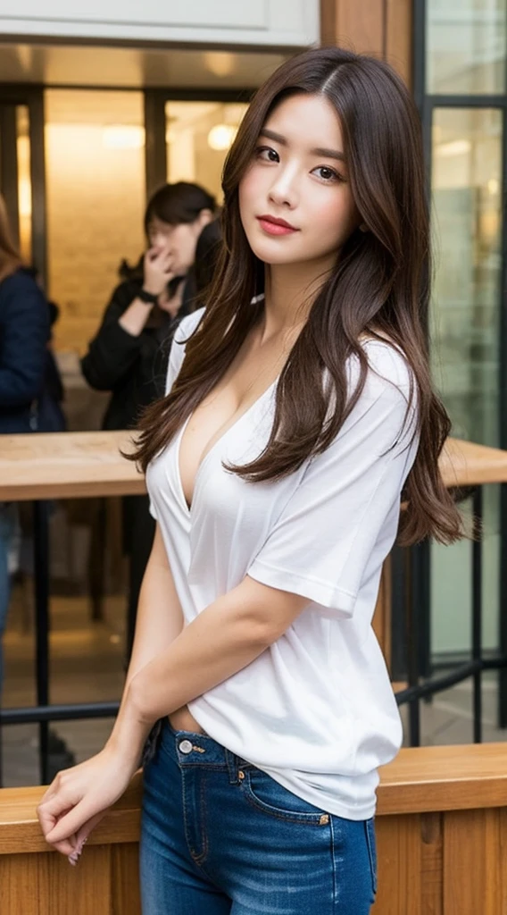 Tabletop, highest quality, Photorealistic, Super detailed, Fine details, High resolution, 8k wallpaper, 1. Beautiful Women, Wear casual business attire, In a great restaurant, At night, Light brown messy hair, Perfect dynamic composition, Beautiful fine details