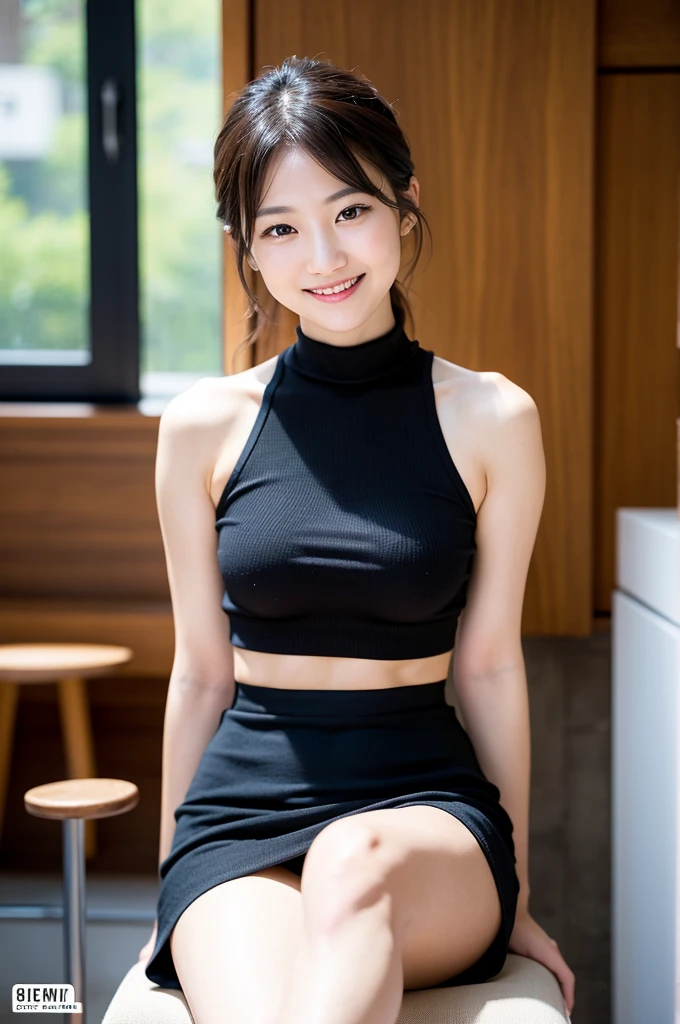  (8K, RAW photo, highest quality, masterpiece:1.3), (realistic, photo-realistic:1.4), (Highly detailed 8K wallpaper), sharp focus, Depth of written boundary,
 japanese idol,very cute,(baby face), (long sleeve、turtleneck:1.3),(bob cut : 1.3), Look at us and smile, Upper body, highly detailed face and eyes,((shiny skin:1.2)), cinematic lighting, soft light, blur background, Cafe with a retro atmosphere)