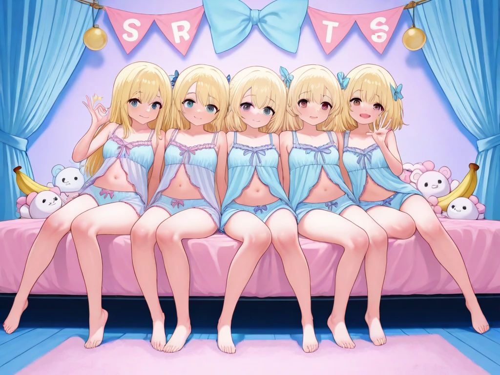 (((focus panties))), (I look up at the five girls from the ground.)、(Five girls are standing in a circle around me, looking down at me.)、circle、(seductive grin), (((5 giant girls)))、((angle from below)), 5 young face, (thighs), 5panties, belly button、(angle from under 5 girls),baby face,mesugaki,Yukata, Sleeveless,