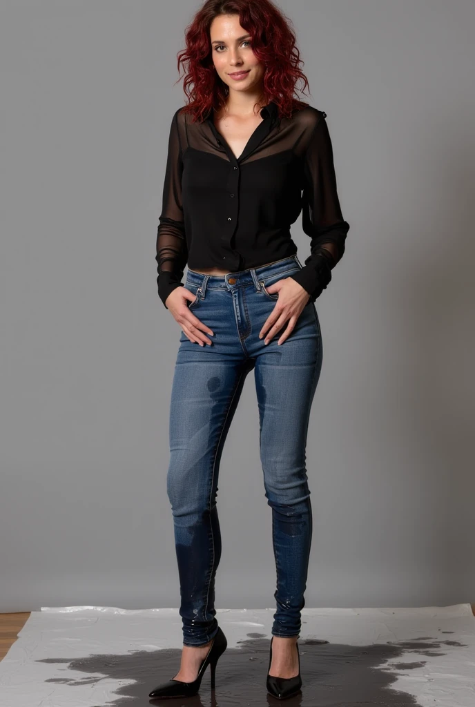 A beautiful brunette woman, 38 years old, standing outside a school, 4k, natural lighting, extremely detailed face, wearing tight jeans and a blouse, long legs, full body image, photorealistic, portrait, high quality, ultra-detailed, vivid colors, cinematic lighting