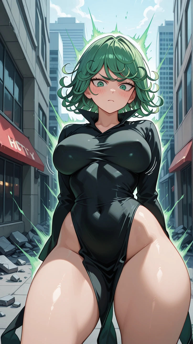 anime girl in black dress walking down the street at night, tatsumaki from one punch man, tatsumaki, tatsumaki with green curly hair, forest city streets behind her, digital anime illustration, digital cyberpunk anime art, anime cyberpunk art, anime woman fullbody art, anime styled digital art, anime girl wearing a black dress, advanced digital anime art ”