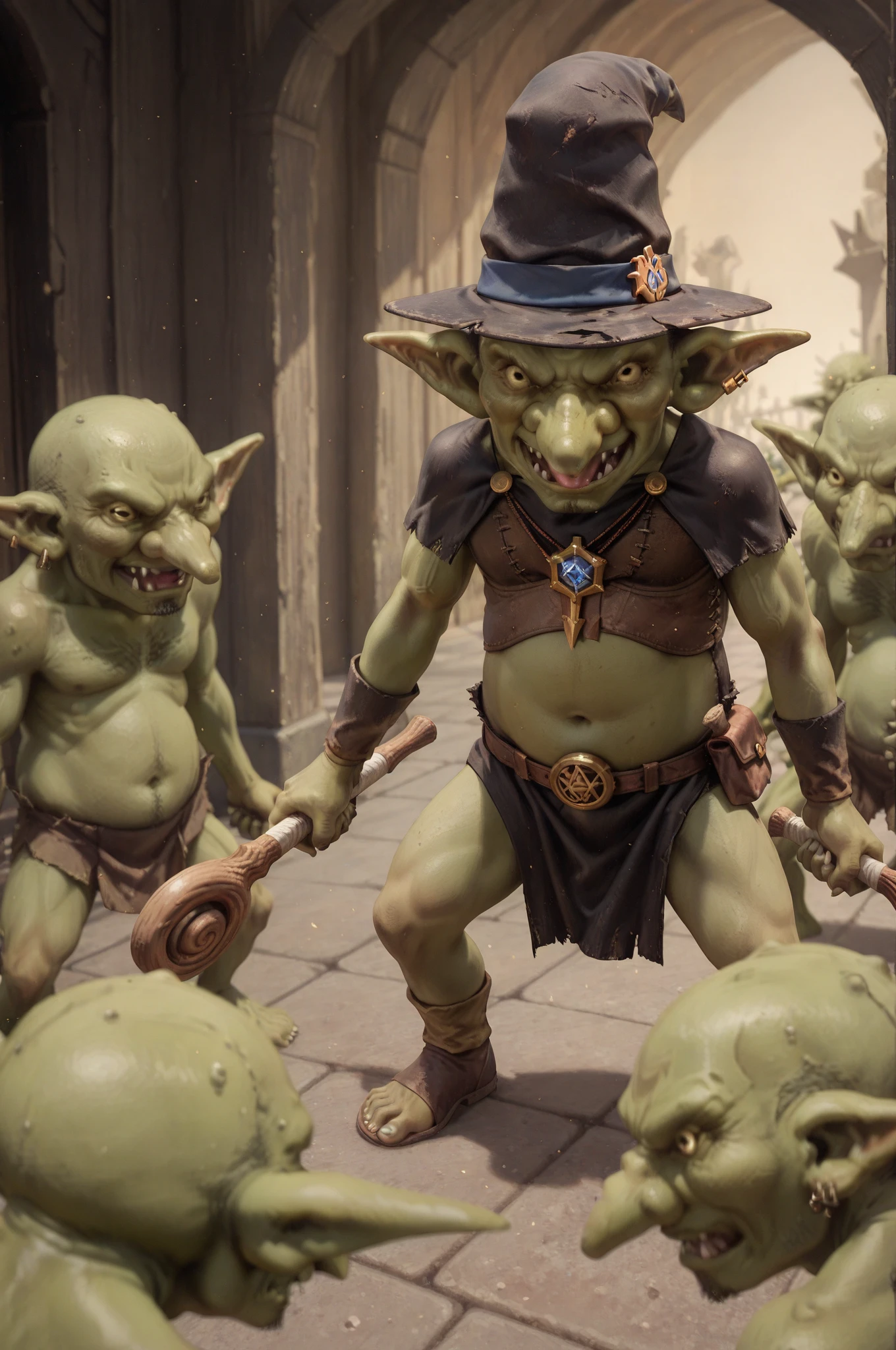 many goblins (goblin, green skin, pointy ears, dressed in rags), nasty goblin, want to fucked girl, group of goblin, Raiding village
