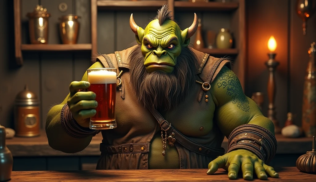 Orc1024, an orc drinking beer in a pub , highly detailed, photography, ultra sharp, film, bokeh, professional, 64k  <lora:Orc1024:0.8>