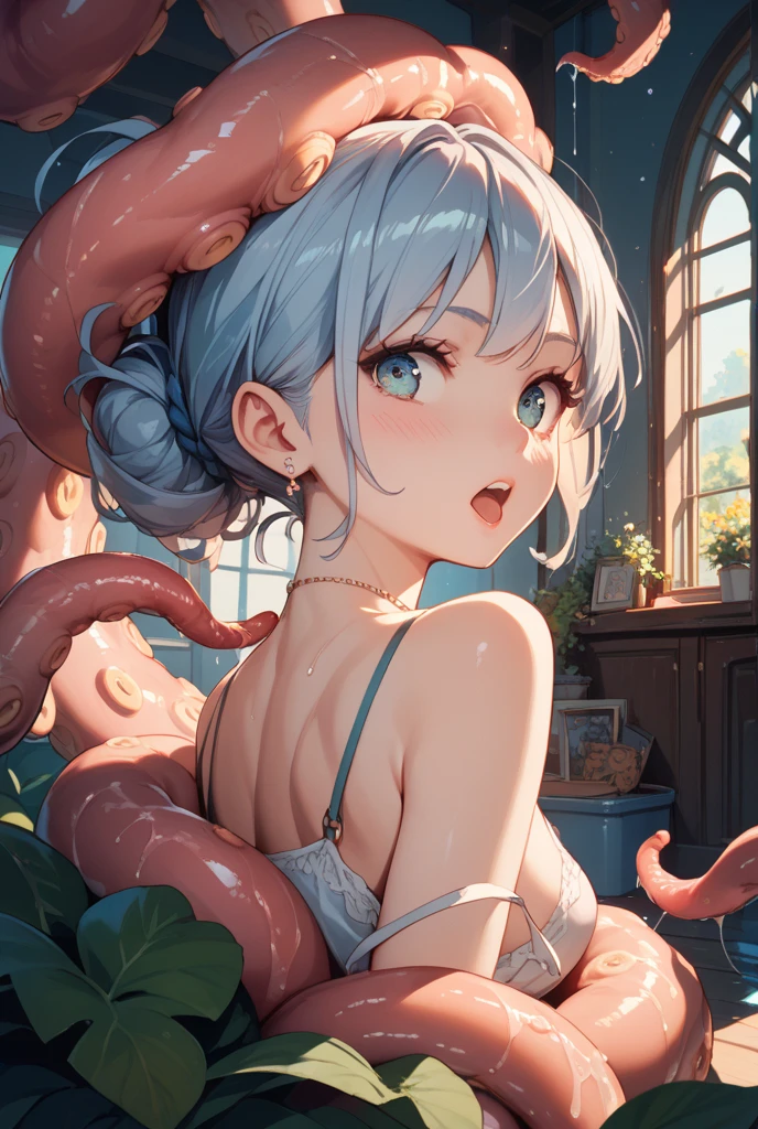 Highest quality, masterpiece,Gray Hair, Golden Eyes,White clothes, look up, Upper Body,hair,Fair skin,Side braid,Spread your legs,orgasm,blush, Sweat,White panties、Squat、Look at this、skirt、、Attacked by tentacles、Tentacles wrap around my legs、Tentacles in the crotch、Captured by tentacles、cry、shout、Ecstasy face、skirtの中の触手、Do not run away、Lying down、Torn clothes、skirtの下からスパッツが見えます、Spread your legs、Disheveled clothing、skirtをめくっる