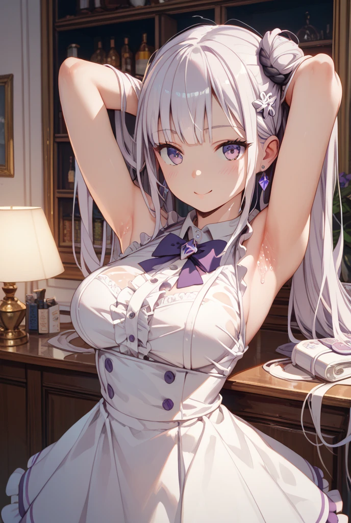 ((masterpiece)), ((Best quality)), (high resolution), (illustration), (an extremely delicate and beautiful), (ultra detailed beautiful face and eyes), nsfw, 1girl, leaning forward, YukineChris, long hair, purple eyes, twintails, low twintails, ahoge, large breasts, fishnet pantyhose, red a bow tie, volumetric lightning, detailed skin texture, detailed, volumetric shadow, anime screencap,Highest quality, Sorceress, ancient babylonian nobility, ((tan skin:1.2)), (brown skin color),Long hair, twin braids, hair ornament, wine colored hair, smile, Below average size breasts, bare shoulders, (underboob:0 Legs apart、Ready your gun?、Arms around chest 8K, masterpiece, Best_quality, high_resolution, ultra_details, detailed, 1girl, 独奏, looking_at_viewer, upper_body, indoors, braid, blurry, bangs, white_hair, blurry_background, collared_shirt, church, hair_ribbon, hair_between_eyes, stained_Glass,sidelocks, depth_of_field, light_particles, window, french_braid, Alphonse Mucha Style, sharp focus, perfect hands, perfect face, perfect eyes, perfect light, dynamic light, natural light, Masterpiece, Best quality,